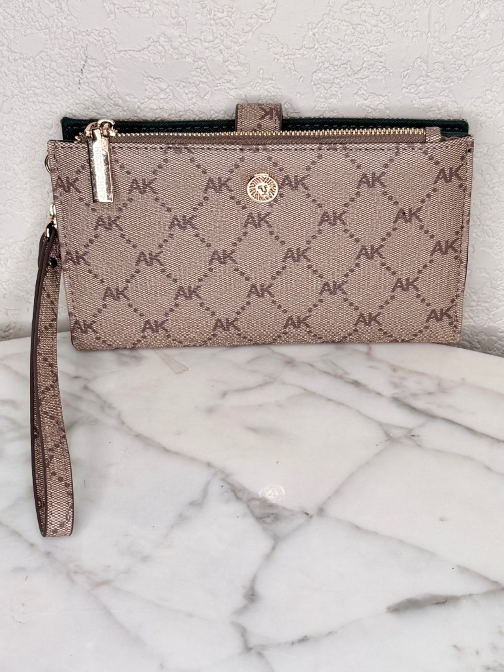 Anne Klein Neutral Monogram Continental Wallet with Gold Accents